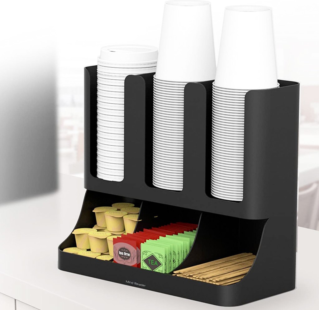 black 6 compartment organizer filler with white cups, coffee pods, tea bags, and stir sticks