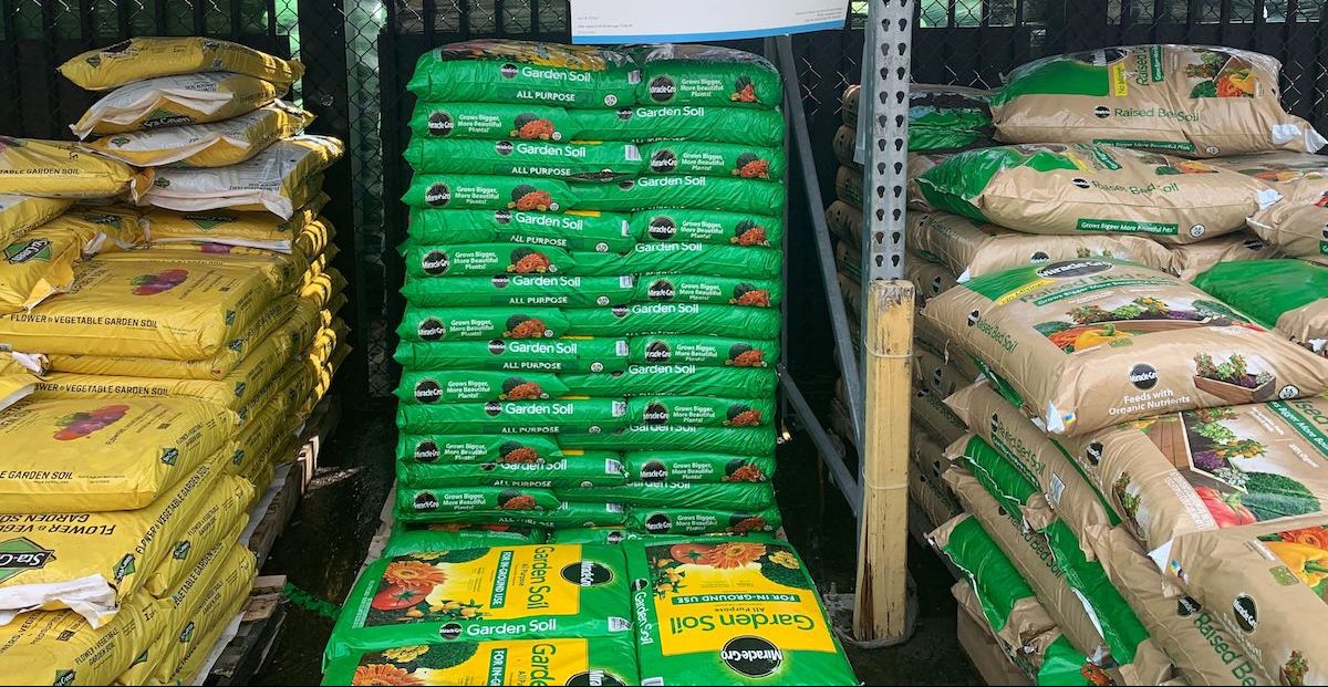 piles of Miracle-Gro garden soil at Lowe's
