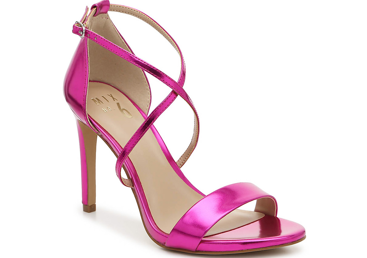 metallic fuchsia colored strappy heel sandals