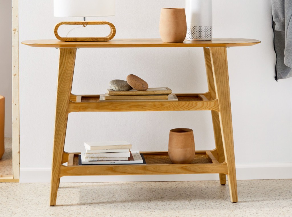 light brown wood three tier console table