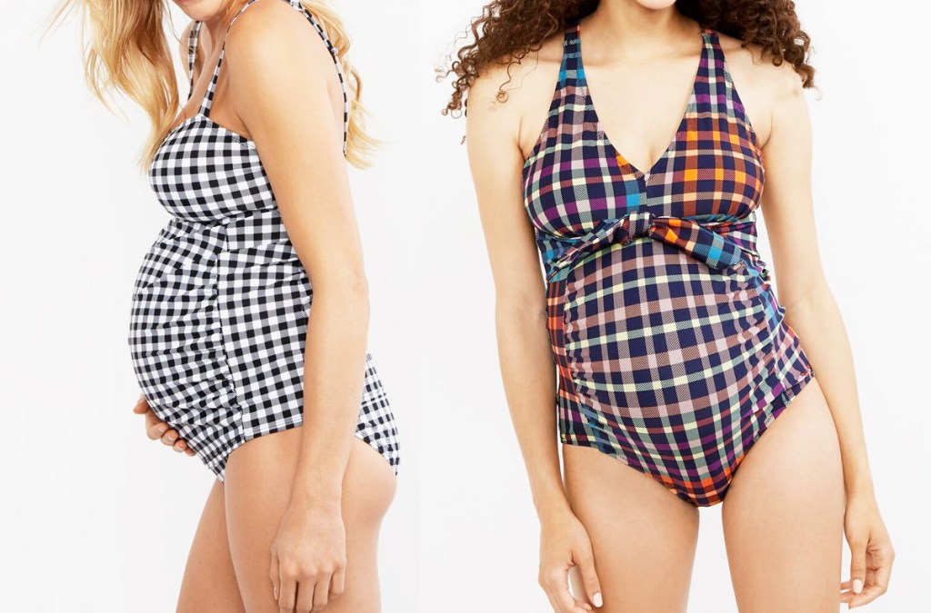woman in black and white gingham bathing suit and woman in black, white, orange, and blue gingham bathing suit with bow