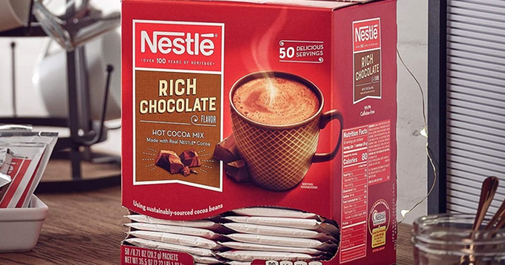 box of hot chocolate packets on kitchen counter