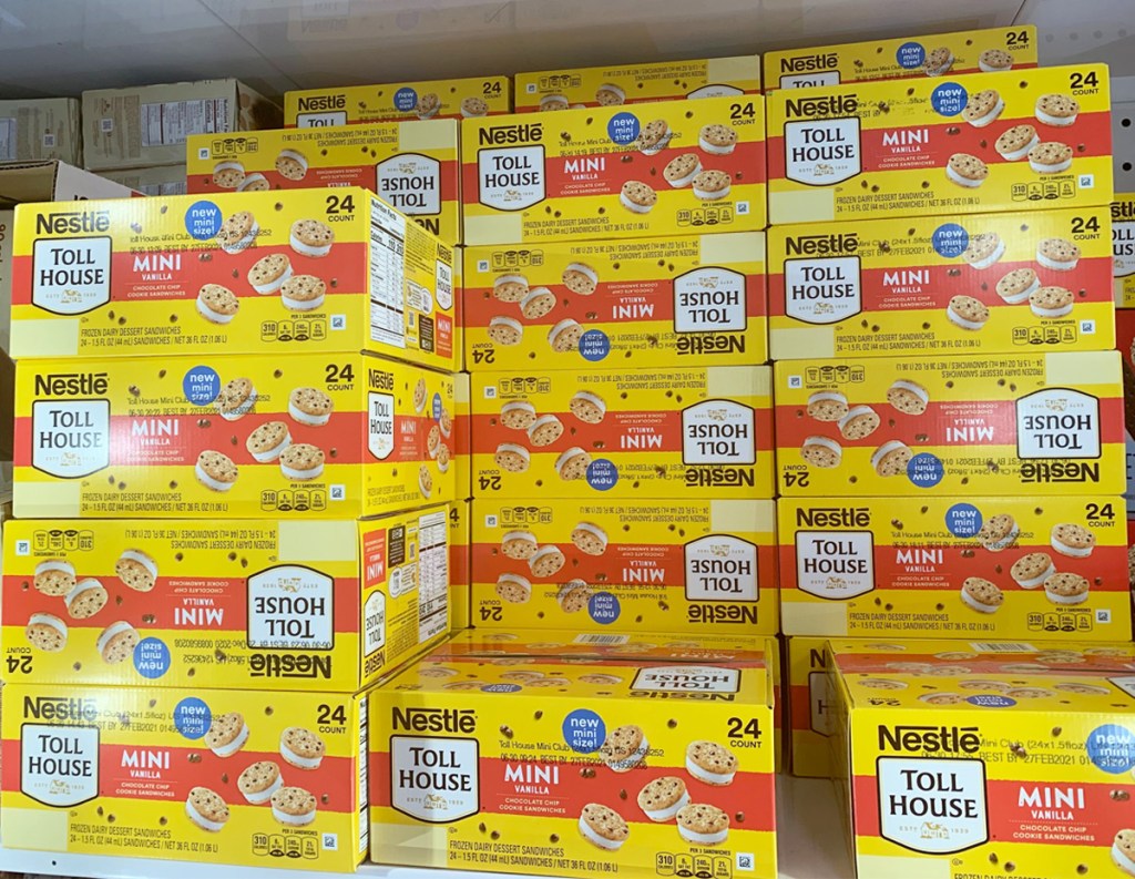 yellow boxes of nestle toll house mini chocolate chip cookie ice cream sandiwches