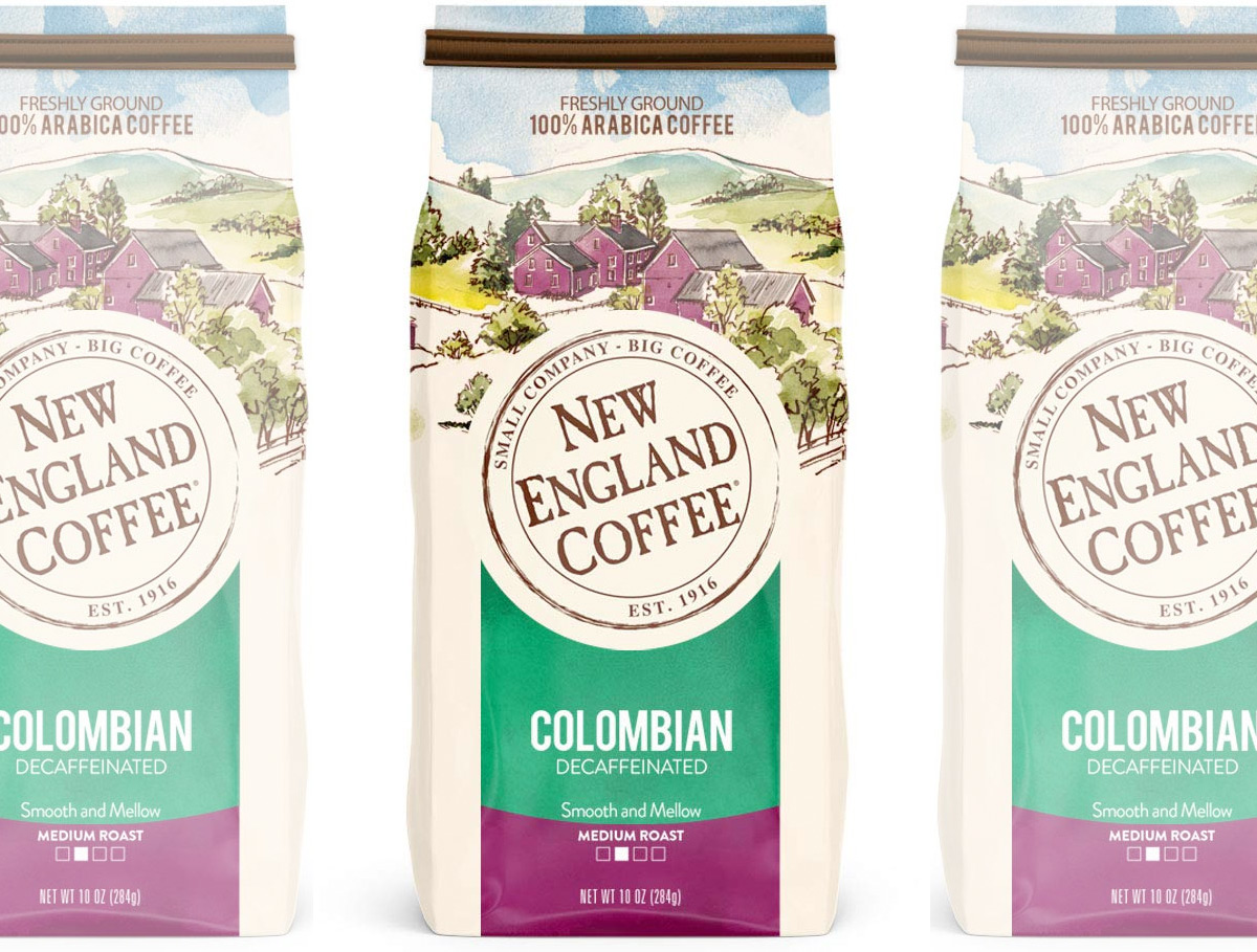 three bags of new england coffee brand ground coffee with green and purple labels
