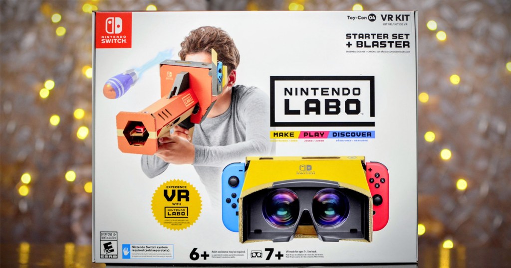 white Nintendo Switch Labo VR Kit box sitting on black table with white lights in background