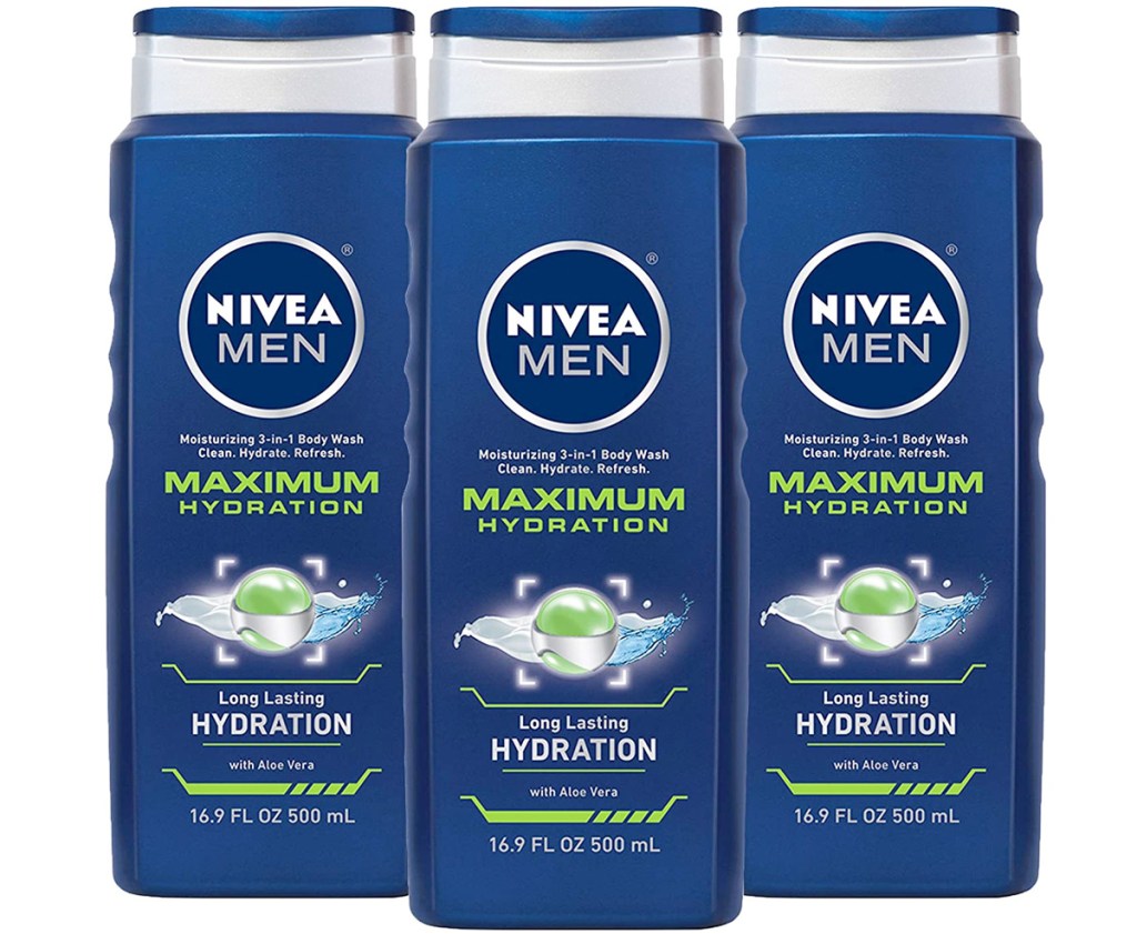 three blue bottles of nivea men maximum hydration body wash