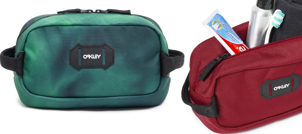 two oakley travel cases in green and red with black straps