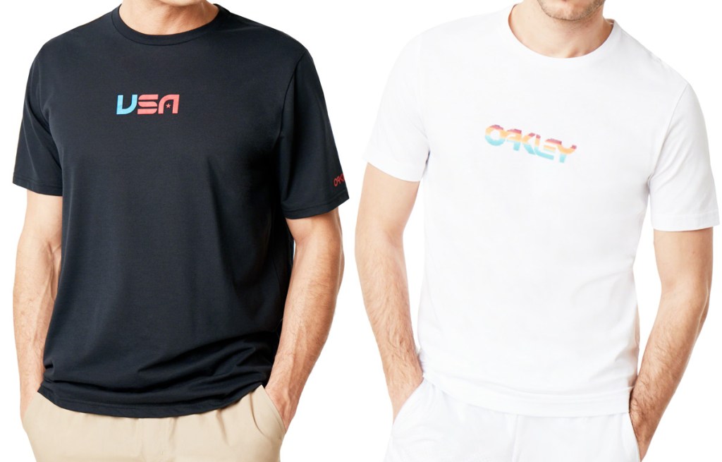 two men modeling oakley graphic tees in black and white colors