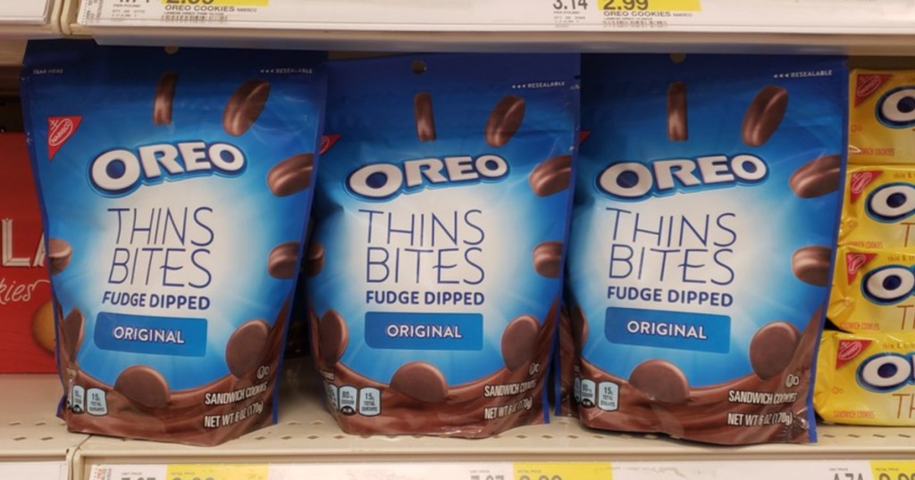 Oreo Thin Bites Fudge Dipped Original bags on store shelf
