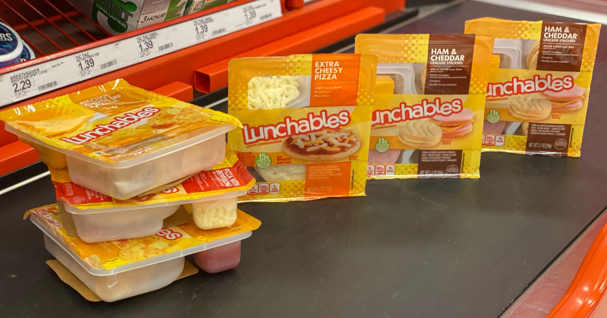 Lunchables stacked on conveyor belt in store