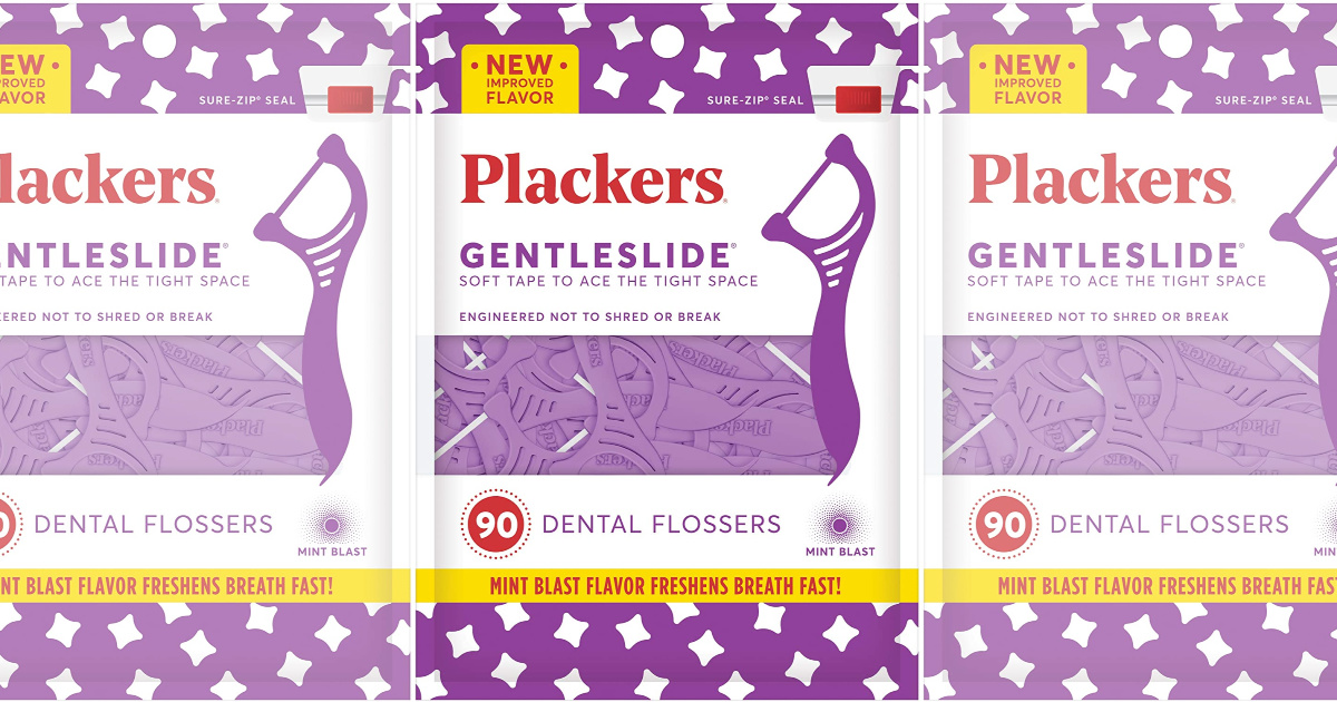 three packs of Plackers Gentleslide Dental Floss Picks