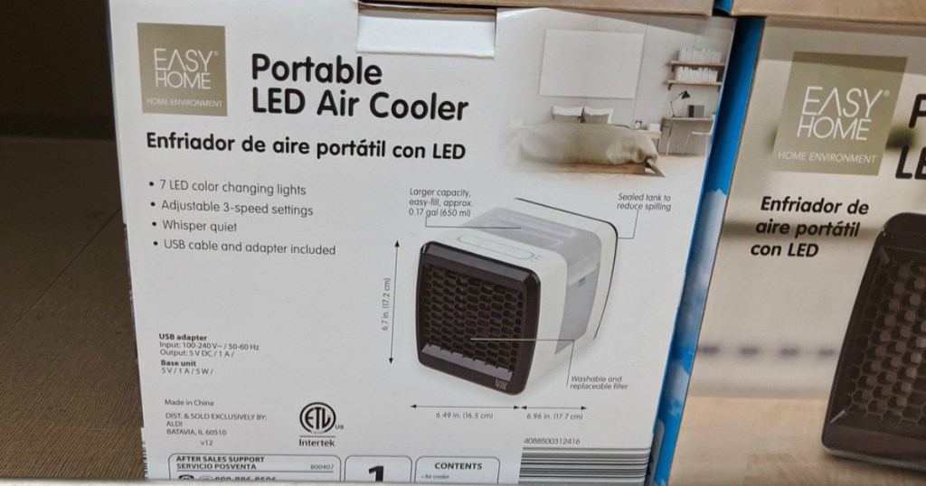 box with small ac unit in it on store shelf