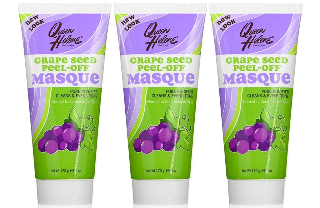 three purple and green bottles of Queen Helene Antioxidant Grape Seed Extract Peel Off Masque