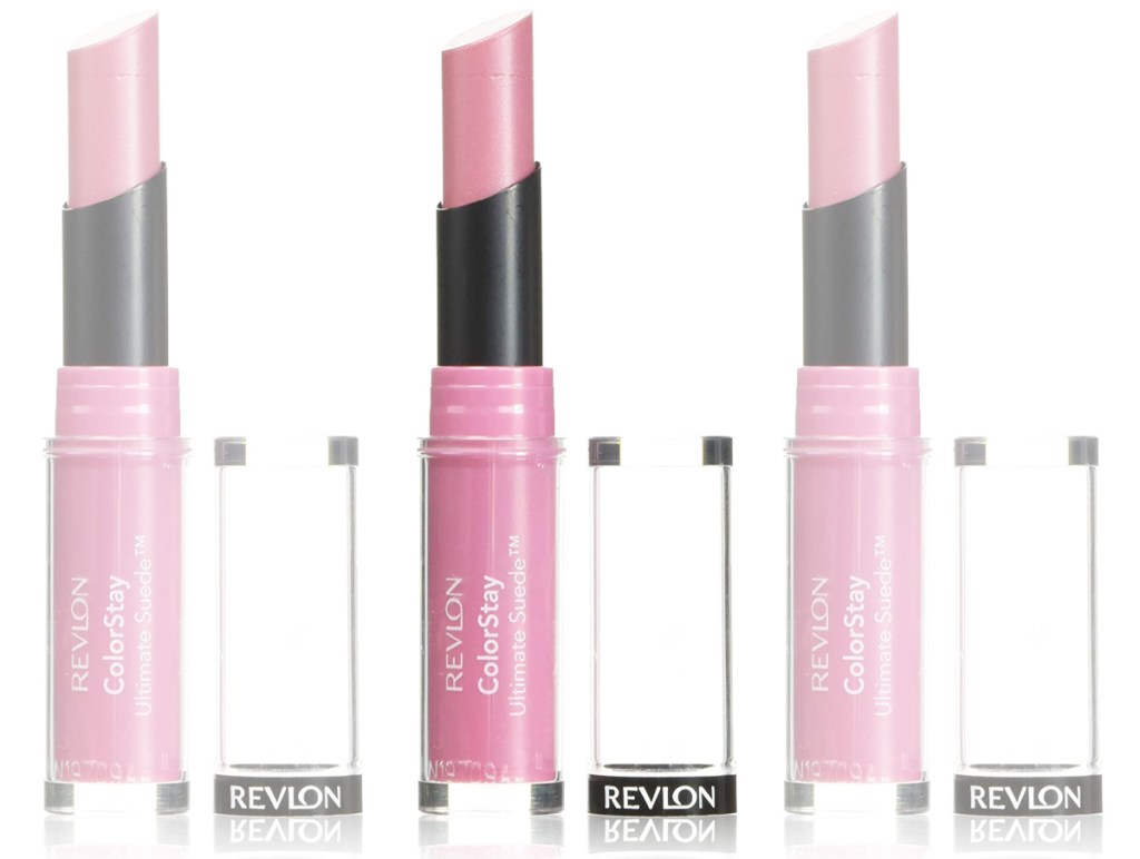 three tubes of pink revlon lipstick rolled up to show color with clear cap next to them