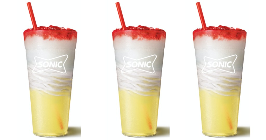 3 sonic lemonberry slush drinks lined up next to each other. 