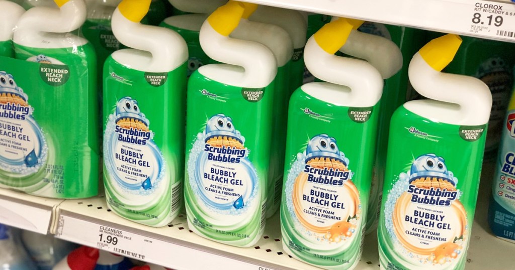 green and white bottles of scrubbing bubbles toilet cleaner on store shelf