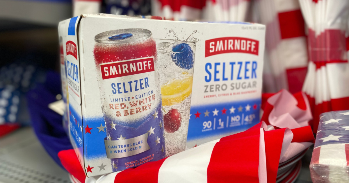 Smirnoff Seltzer 12 pack resting on flag deco