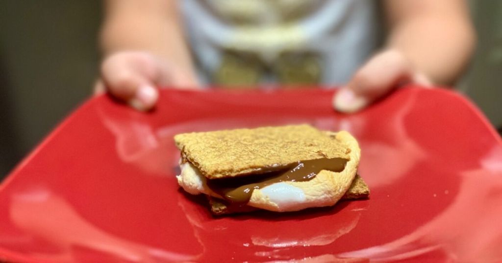 A child holding a plate with an air fryer S'more