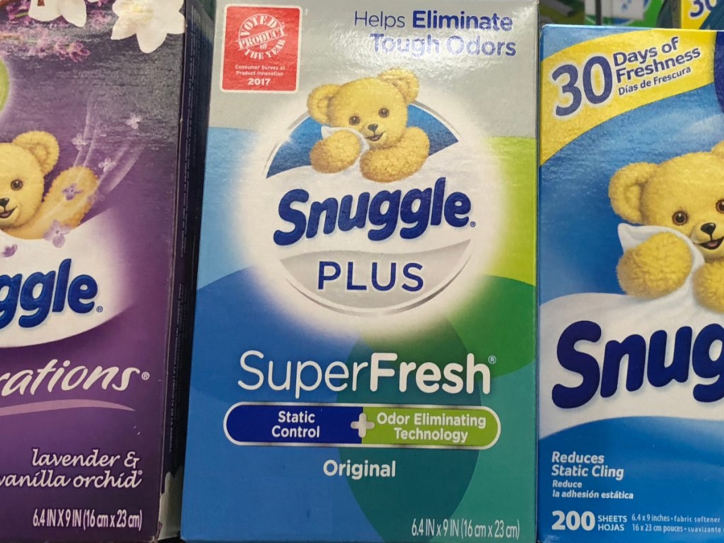 boxes of dryer sheets on store shelf