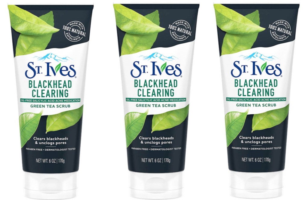 three black and green bottles of st ives blackhead clearing facial scrub