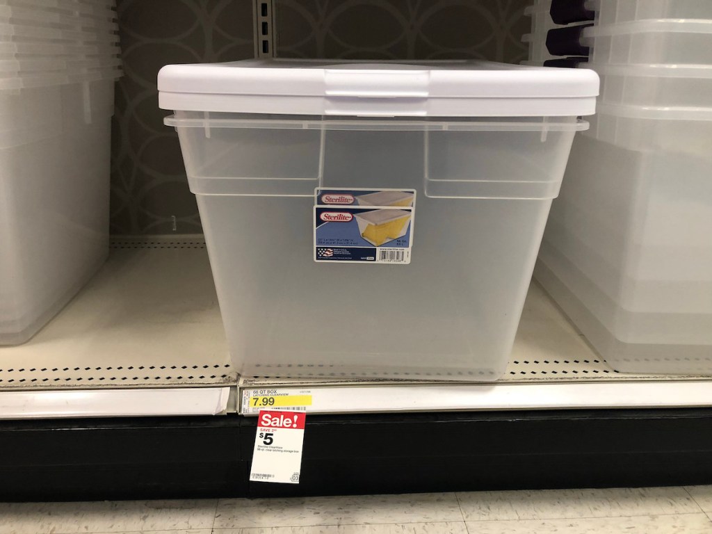 clear and white Sterilite 56qt Clear Storage Box White Lid on shelf at target