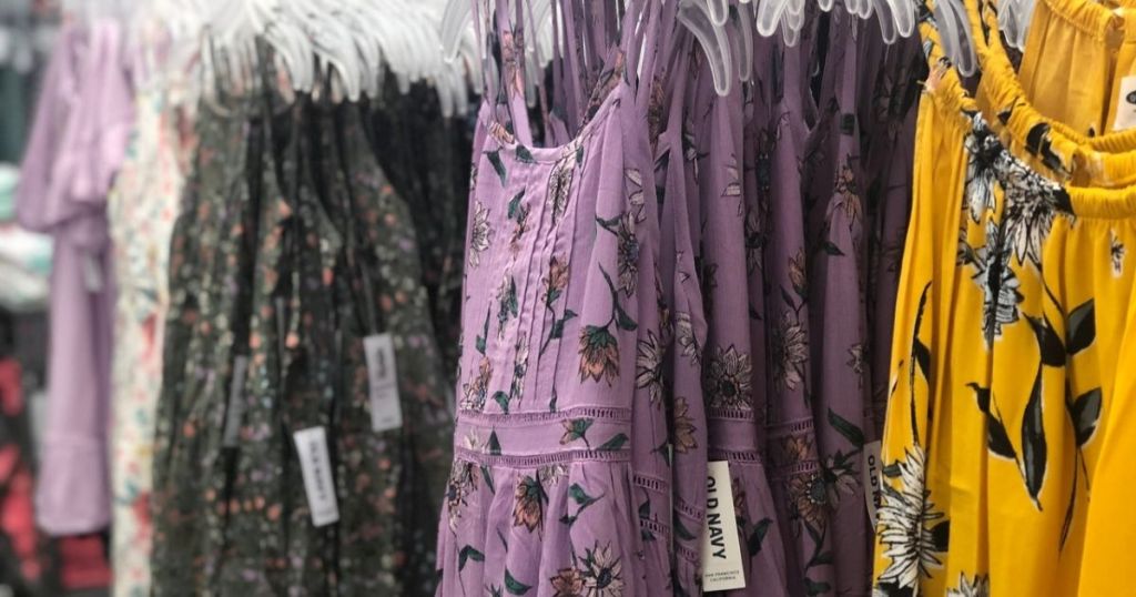 Summer dresses on hangers at a store