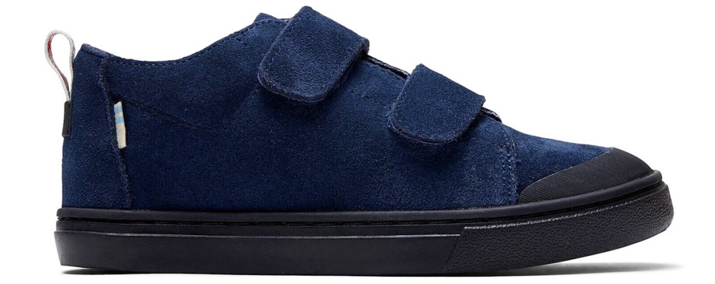 navy blue suede sneakers with two velcro straps