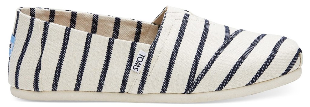 white slip-on toms shoes with navy blue stripes