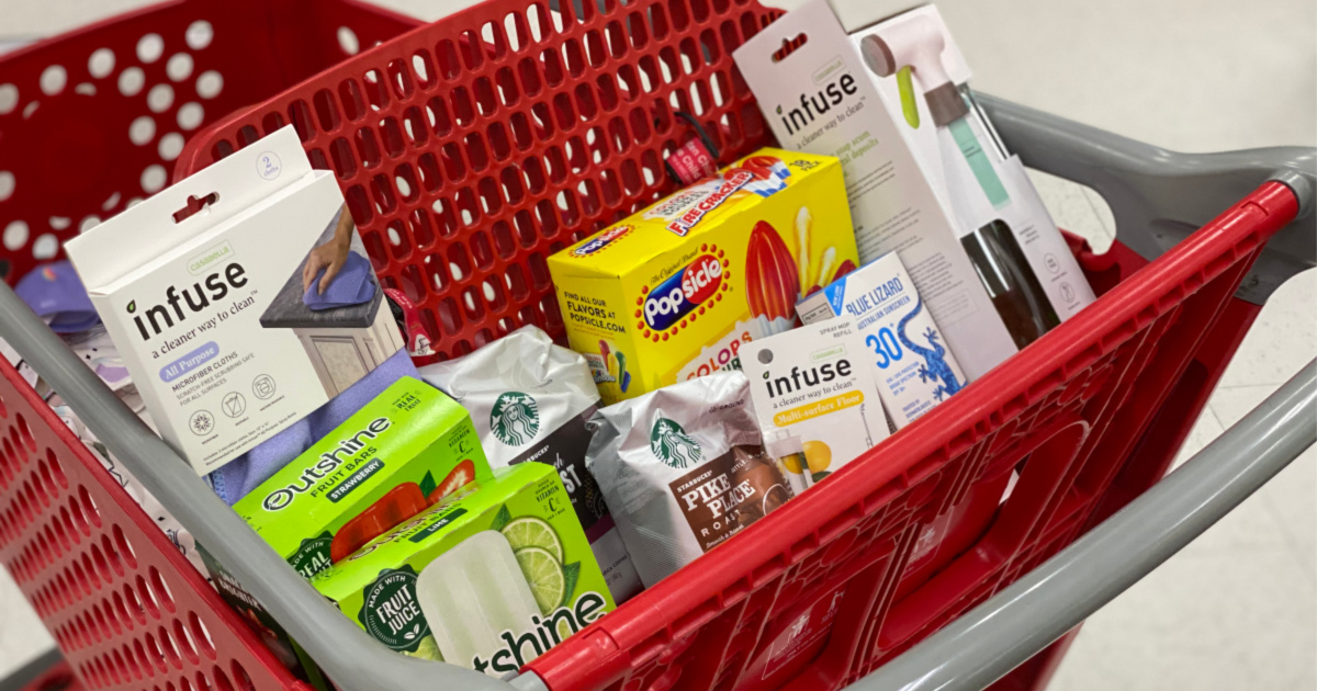 target cart with groceries and cleaning products