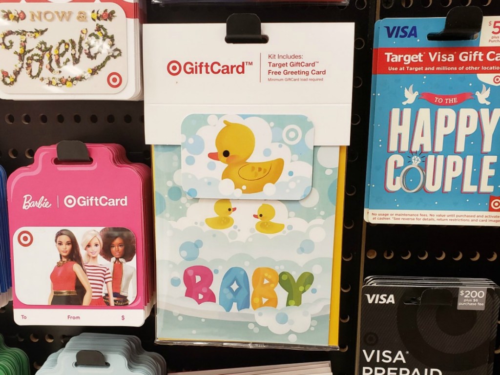 Baby themed gift card with greeting card on display in-store