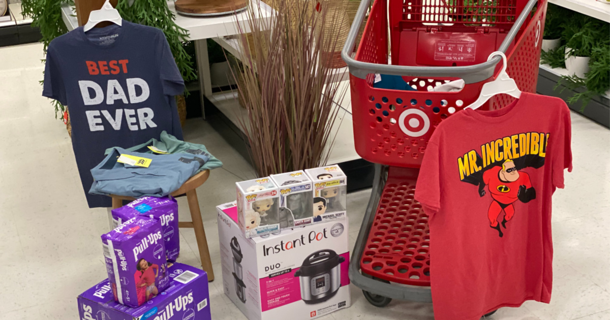 target cart with dad tees, pull ups, instant pot, funko pops