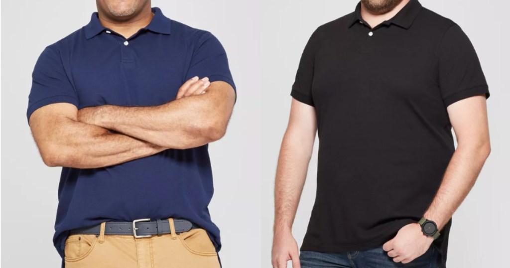2 men standing next to each other wearing short sleeve polo shirts