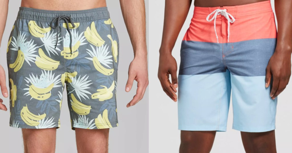 2 men standing next to each other wearing colorful swim trunks