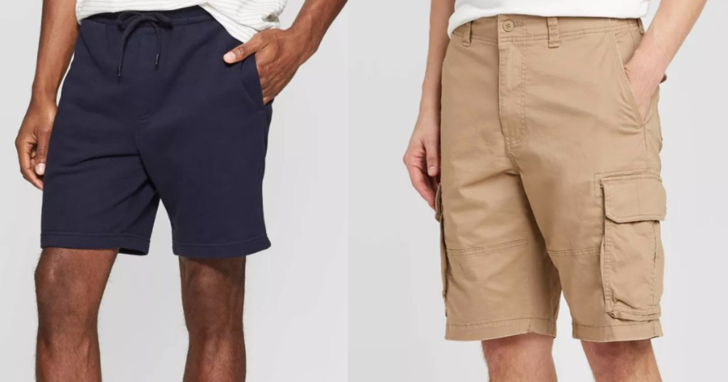 2 men standing next to each other wearing shorts with hand in the pockets