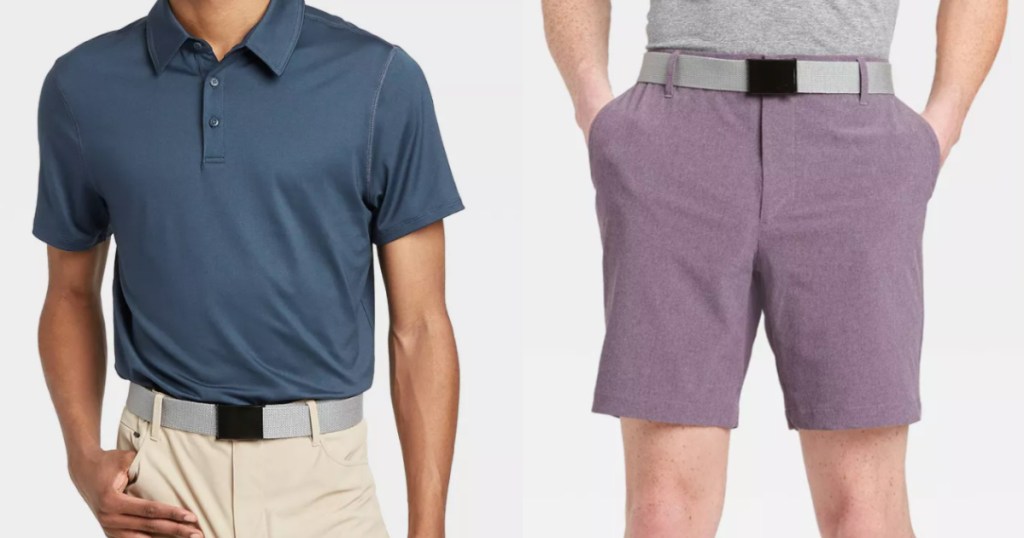 man wearing a blue polo shirt and a man wearing light purple golf shorts