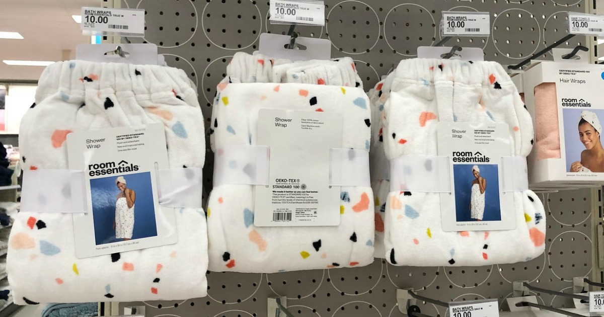 in store target shelf with white and colored polka dot shower body wrap towels