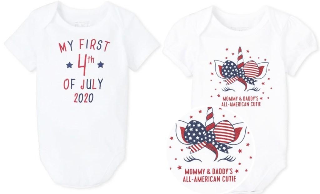 two white baby onesies with patriotic graphics in red and blue
