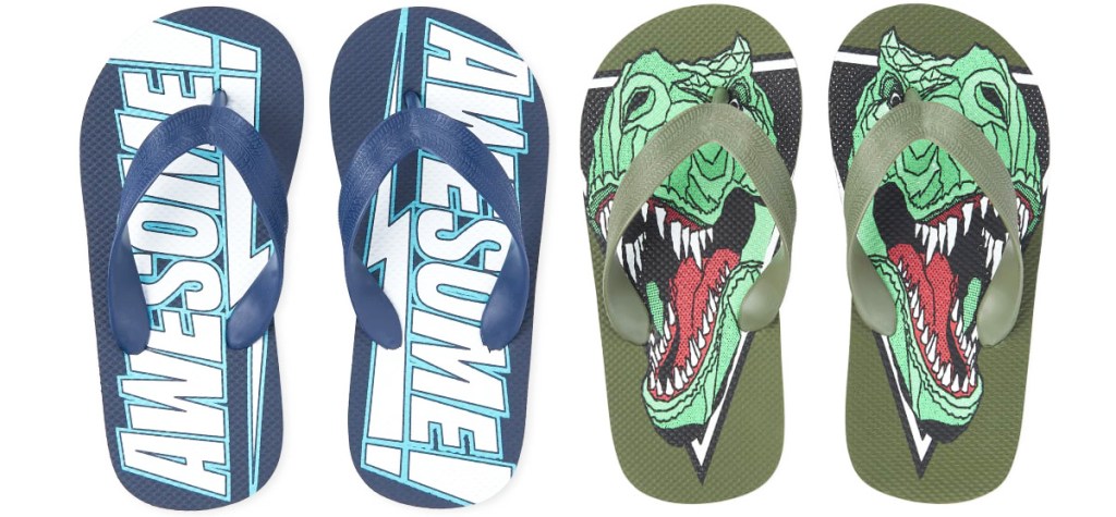 two pairs of boys flip flops, one that says awesome and one dinosaur print