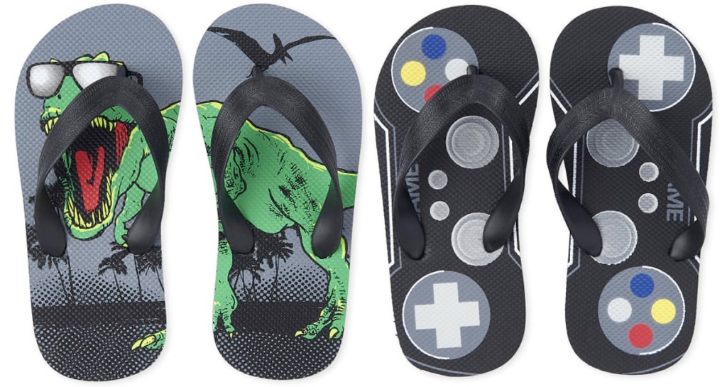 two pairs of boys flip flops in a dinosaur print and video game controller print