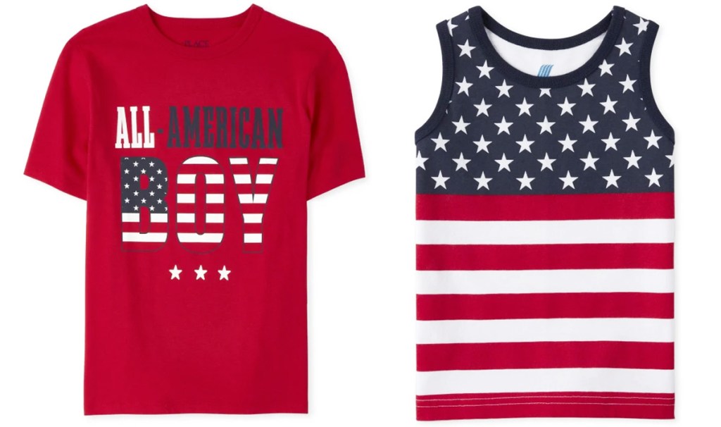red all american boy graphic tee and american flag printed tank top