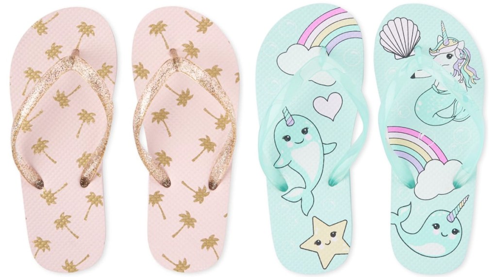 two pairs of girls flip flops in pink with gold palm tree print and blue with rainbows and narwhals print