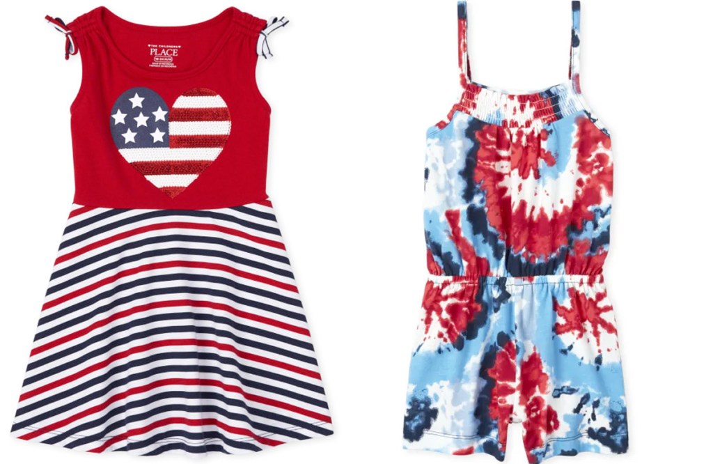 red white and blue striped dress with american flag heart and red white and blue tie-dye romper