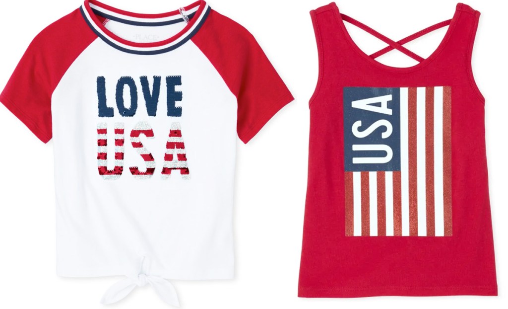 red and white love USA graphic tee and american flag printed on red tank