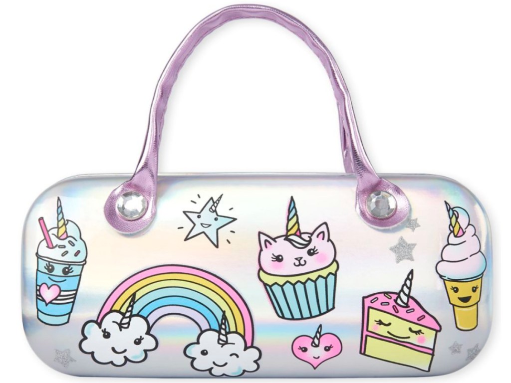 kids silver sunglass case with colorful unicorns, kitties, and rainbows