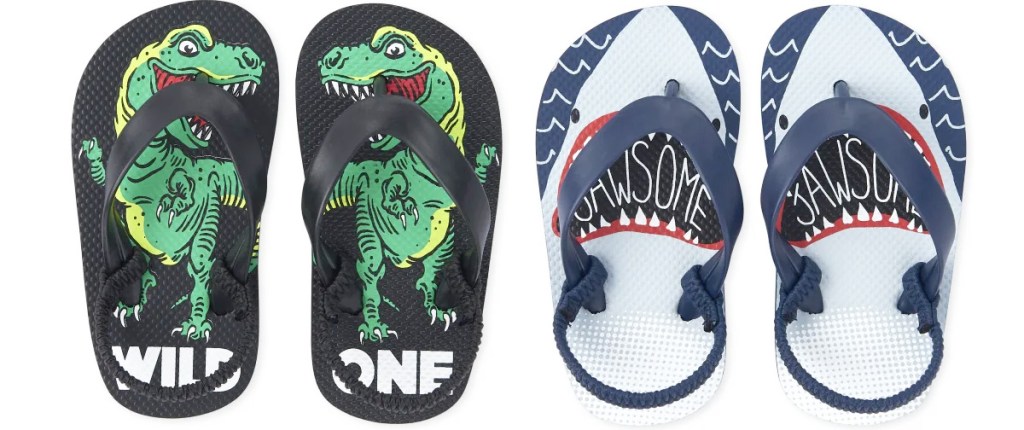 two pairs of toddler boys flip flops in dinosaur and shark prints