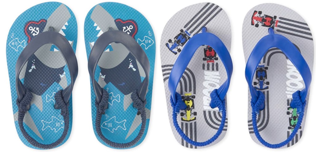 two pairs of toddler boys flip flops in pirate shark print and race car print