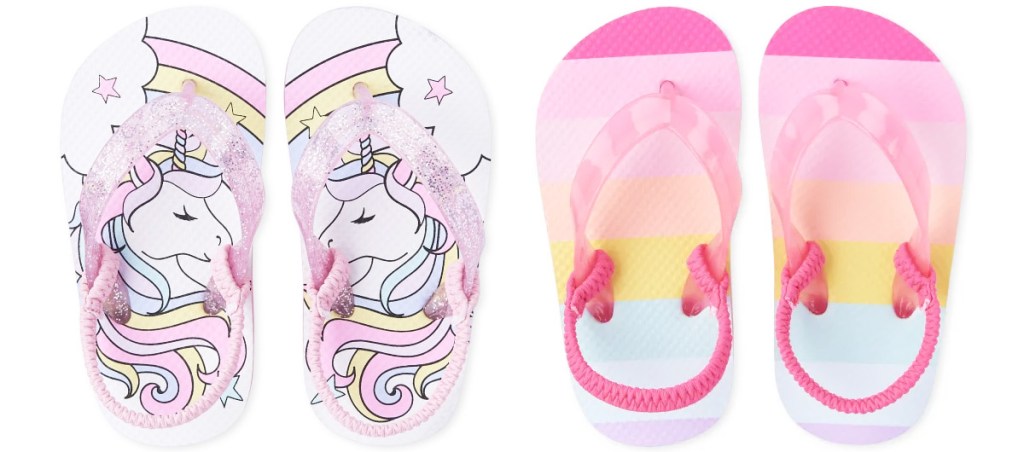 two pairs of toddler girls flip flops in unicorn and rainbow stripe prints