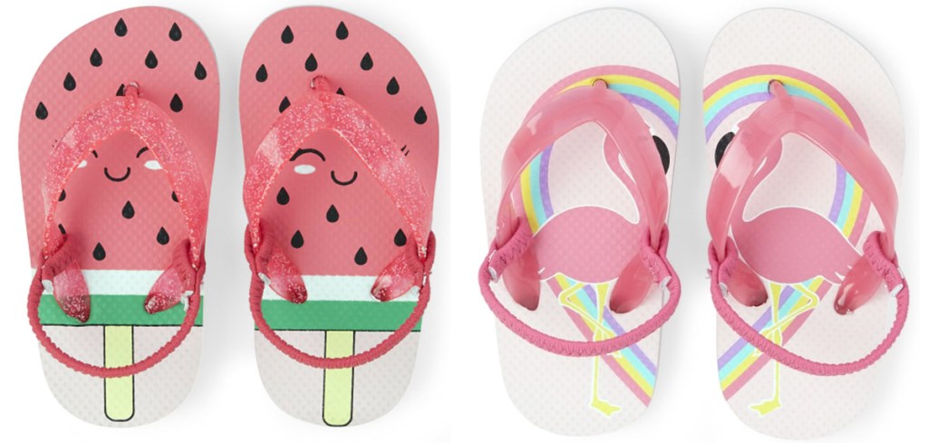 two pairs of toddler girls flip flops in watermelon popsicle print and flamingo with rainbow heart print