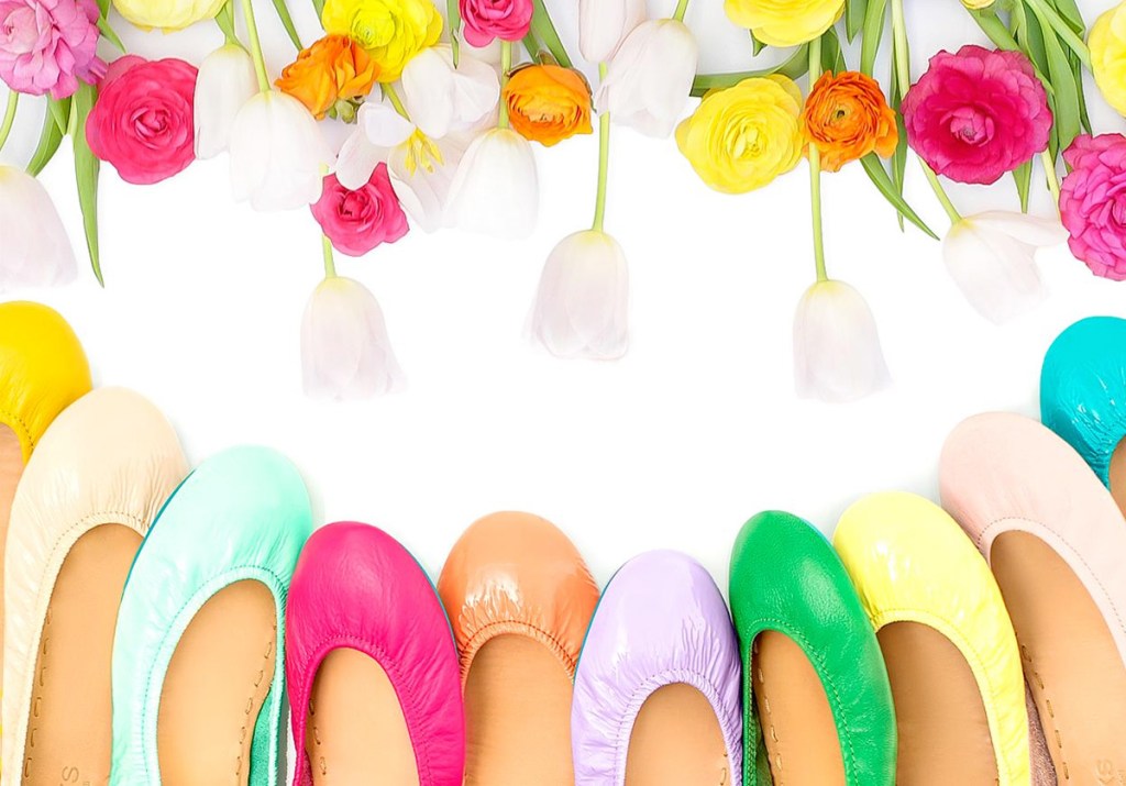 variety of brightly colored flats with bright colored tulips and flowers above them