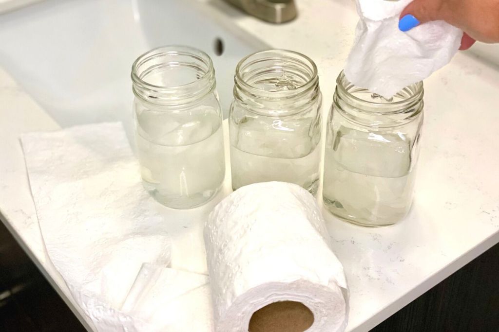 Placing toilet paper in cups of water to test septic-safety